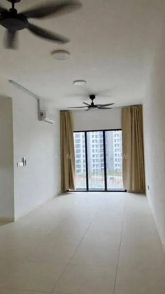 Living features: 2 ceiling fans, 1 wall-mounted split AC, large floor-to-ceiling windows, sheer curtains, white painted walls, light-colored tile flooring, recessed downlights, no visible furniture; style: modern; view: city.