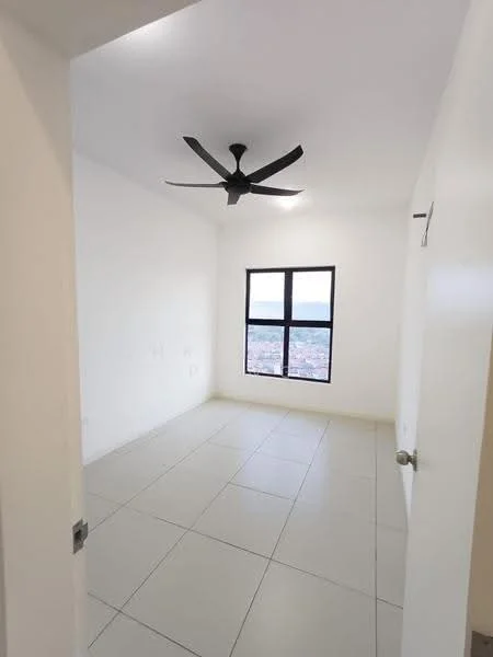 Room features: white painted walls, tile flooring, 5-blade ceiling fan, floor-to-ceiling window, city view, light fixture, door, window frame; style: modern; view: city.
