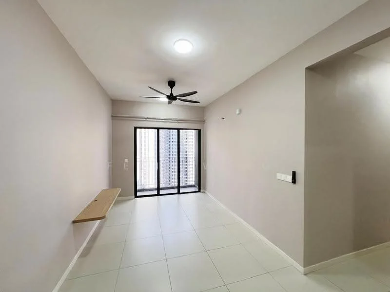 Living features: light-colored painted walls, white tiled flooring, 5-blade ceiling fan, floor-to-ceiling sliding glass doors, balcony access, wall-mounted intercom, built-in wall shelf, natural light from windows; style: modern; view: city.