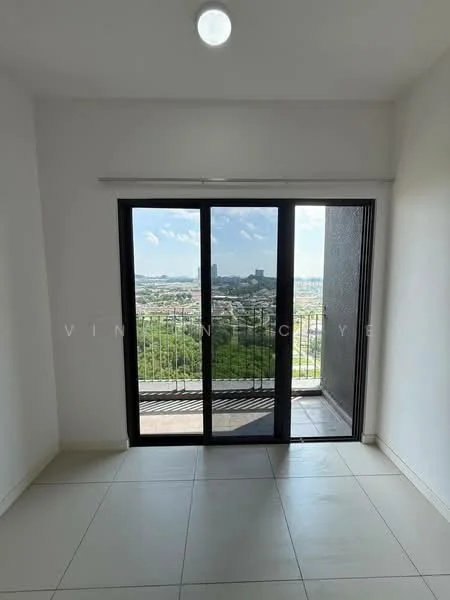 Room features: white painted walls, tile flooring, floor-to-ceiling sliding glass door, balcony access, city view, single ceiling light fixture; style: modern; view: city.