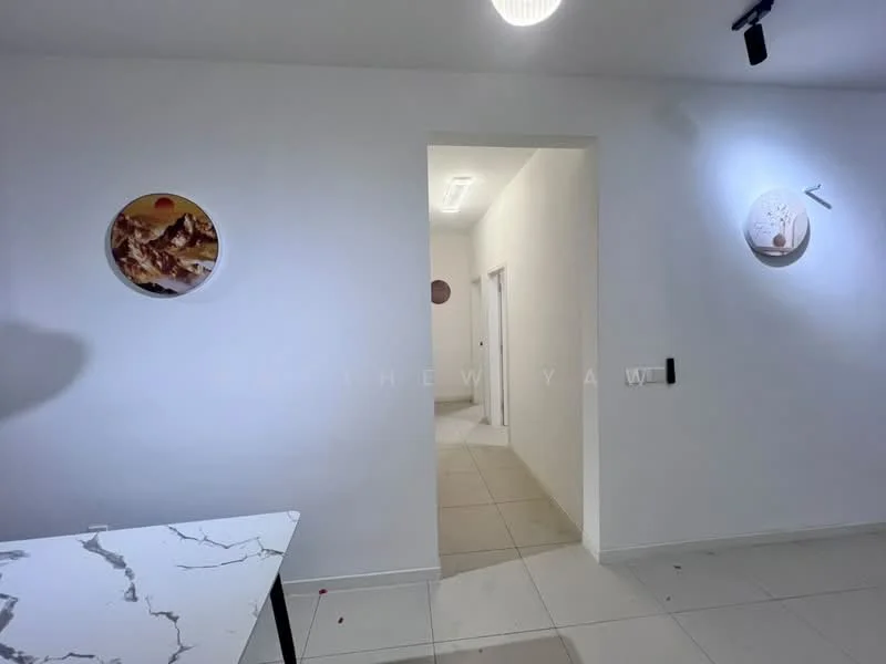 Room features: white painted walls, tile flooring, recessed ceiling lights, decorative wall art, open doorway, neutral color scheme, minimalist decor; style: modern.