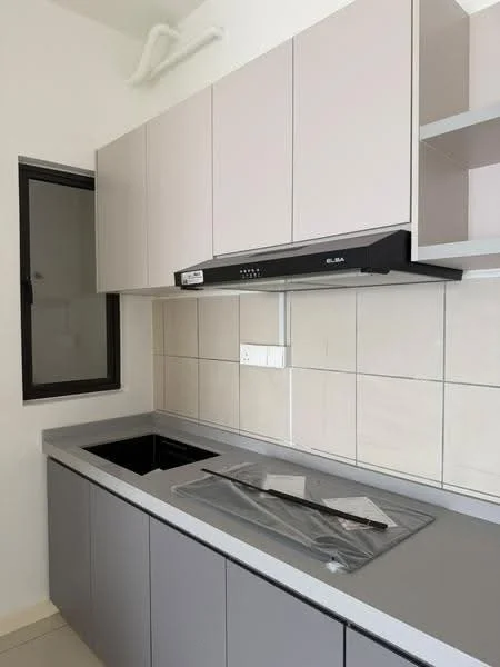 Kitchen features: grey cabinetry, light grey upper cabinets, dark grey lower cabinets, black range hood, single-bowl stainless-steel sink, grey countertop, white tile backsplash, window above sink; style: modern.