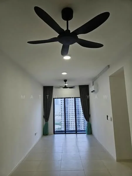 Living features: white painted walls, tile flooring, 2 ceiling fans, floor-to-ceiling windows, sliding glass door, curtains, air conditioning unit, recessed LED downlights; style: modern; view: city.