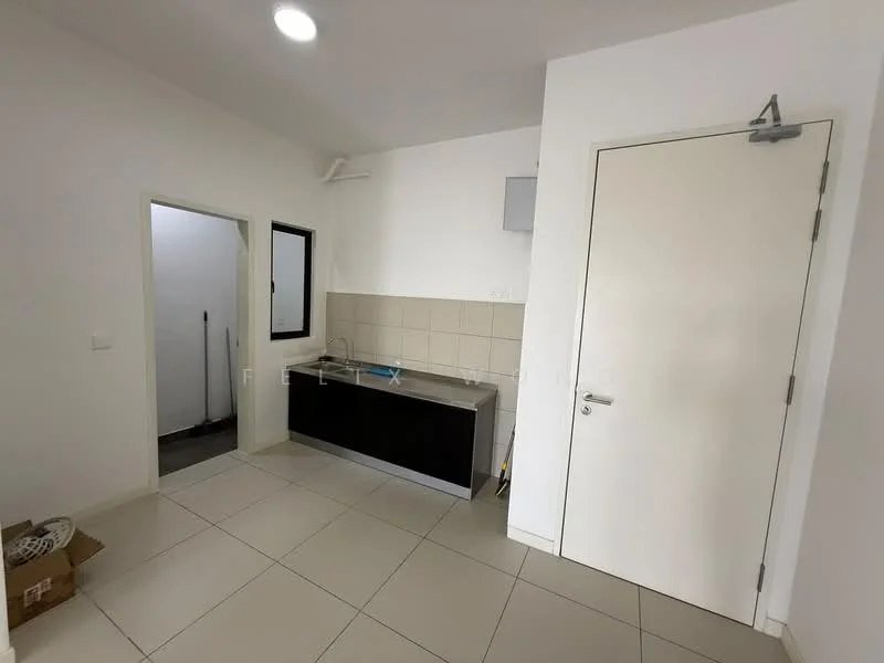 Kitchen features: white painted walls, tile flooring, single-bowl stainless-steel sink, chrome pull-down faucet, black cabinetry, countertop with tile backsplash, built-in kitchen unit, window with black frame, door leading to utility area; style: modern.