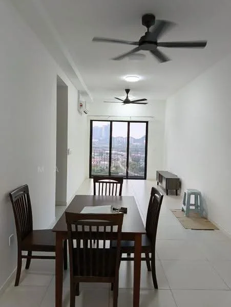 Dining features: 4-seater wooden dining table, wooden dining chairs, white walls, tile flooring, 2 ceiling fans, large floor-to-ceiling windows, city view, wall-mounted air conditioning unit, TV console, light fixture in ceiling; style: modern; view: city. Room features: white walls, tile flooring.