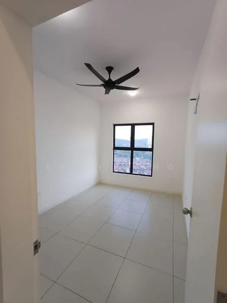 Room features: white painted walls, tile flooring, 5-blade ceiling fan, floor-to-ceiling windows, city view; view: city.
