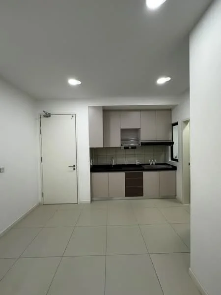 Kitchen features: white painted walls, tile flooring, recessed downlights, flat-panel cabinetry in light grey, dark wood cabinetry, black countertop, built-in oven, stainless-steel sink, chrome pull-down faucet, glass window, door leading to hallway; style: modern.