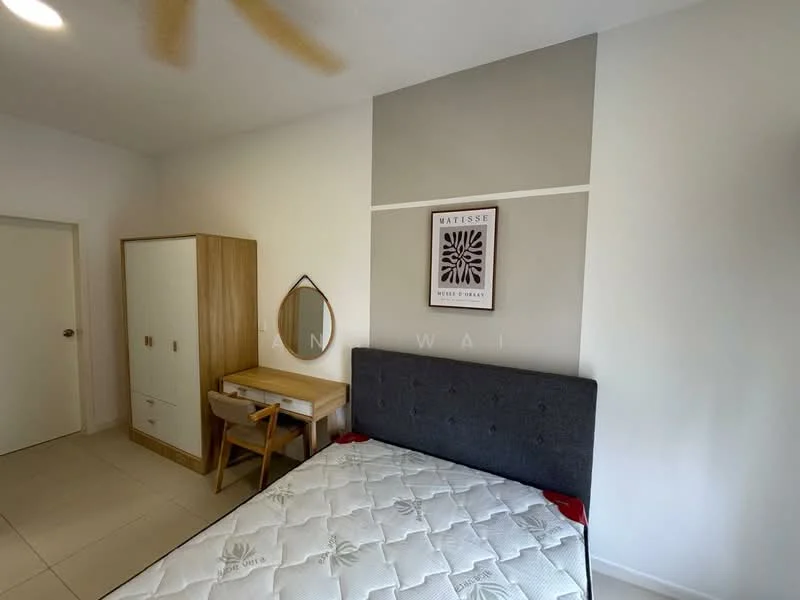 Bedroom features: queen-size bed, upholstered headboard, wooden bedside table, framed artwork on wall, built-in wardrobe with white finish, study desk with mirror, ceiling fan, light-colored tiled flooring, white painted walls, accent wall with grey paint; style: modern.