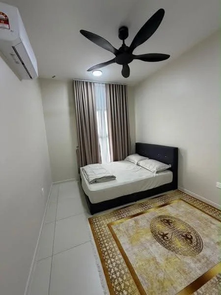 Bedroom features: queen-size bed, upholstered headboard, bedside table, 5-blade ceiling fan with light, floor-to-ceiling window, sheer curtains, white painted walls, tile flooring, area rug with geometric pattern, air conditioning unit; style: modern.