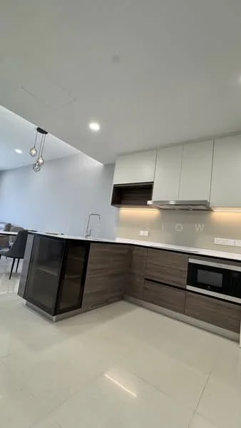 Kitchen features: white upper cabinets, wood lower cabinets, black glass cabinet door, white quartz countertop, stainless-steel sink, chrome pull-down faucet, built-in microwave, built-in oven, stainless-steel range hood, recessed LED downlights, pendant light fixture, ceramic tile flooring, open layout, minimalist design; style: modern.