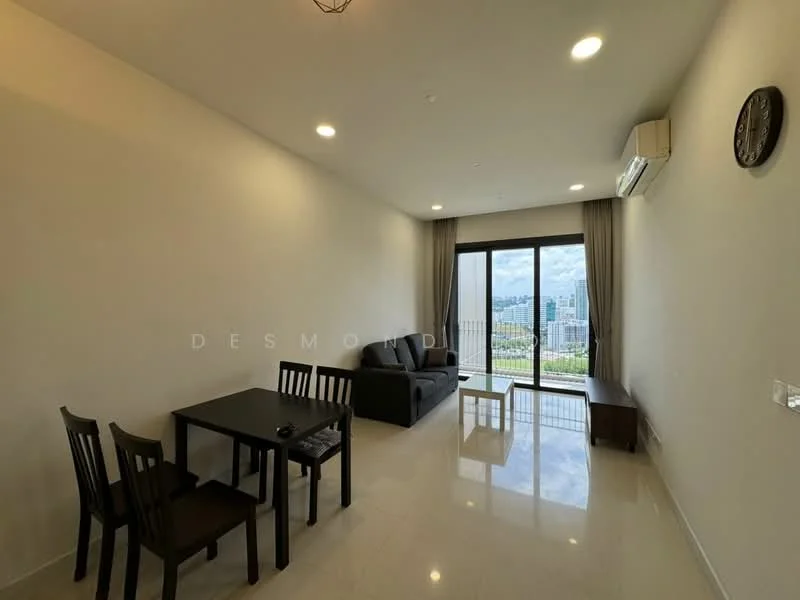 Living features: grey fabric sofa, black coffee table, 4-seater dining table, 4 dining chairs, floor-to-ceiling windows, curtains, wall-mounted air conditioning unit, light fixture, wall clock, white painted walls, glossy tile flooring; style: modern; view: city.