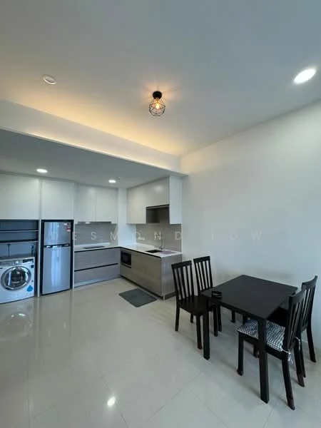 Kitchen features: white cabinets, grey countertops, stainless-steel fridge, built-in oven, freestanding range oven, single-bowl stainless-steel sink, chrome pull-down faucet, tile backsplash, washing machine, 4-seater dining table, black dining chairs, pendant light, recessed downlights, ceramic tile flooring; style: modern.