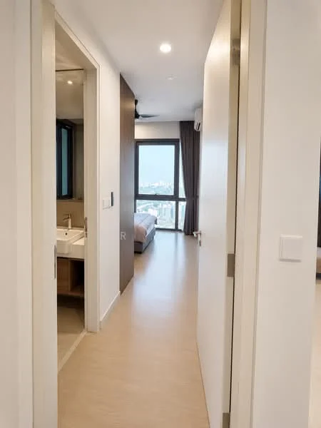 Room features: light wood flooring, white painted walls, floor-to-ceiling windows, curtains, recessed downlights, ceiling fan, doorway leading to bathroom, doorway leading to bedroom; style: modern; view: city.