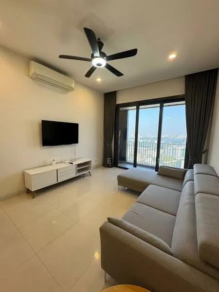 Living features: 3-seater fabric sofa in grey, ceiling fan with integrated LED light, wall-mounted TV, TV console in white, floor-to-ceiling windows, sliding glass door, curtains, light-colored tiled flooring, air conditioning unit, decorative wall, city view; style: modern; view: city.