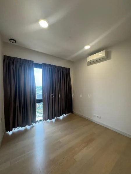 Room features: light wood flooring, white painted walls, recessed downlights, floor-to-ceiling window, brown curtains, wall-mounted split AC; style: modern; view: city.