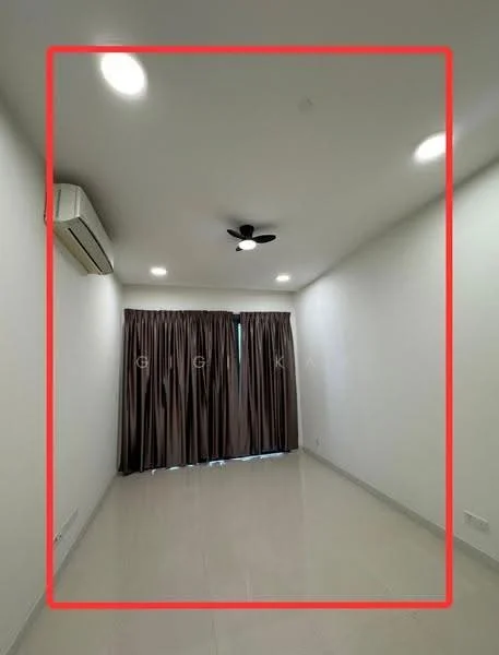 Room features: white painted walls, recessed downlights, 5-blade ceiling fan, wall-mounted split AC, floor-to-ceiling windows, dark brown curtains, glossy tile flooring; style: modern.