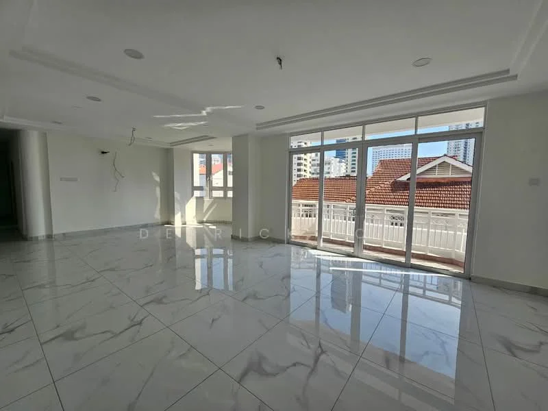 Living features: white painted walls, marble tile flooring, tray ceiling with recessed lighting, floor-to-ceiling windows, sliding glass door, balcony access, natural light, city view; style: modern; view: city.