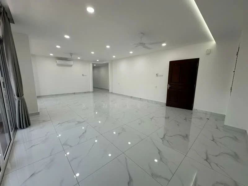 Living features: white painted walls, marble tile flooring, recessed downlights, 5-blade ceiling fan, floor-to-ceiling windows, sliding glass door, curtains, air conditioning unit; style: modern.