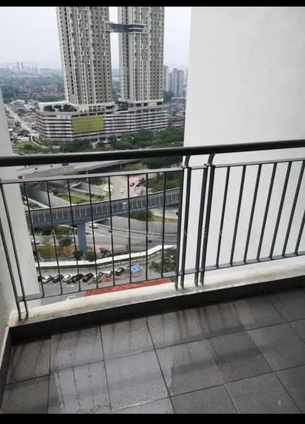 Room features: balcony with railing, grey tiled flooring, city view, high-rise buildings in background, concrete wall, sliding glass door access; style: modern; view: city.