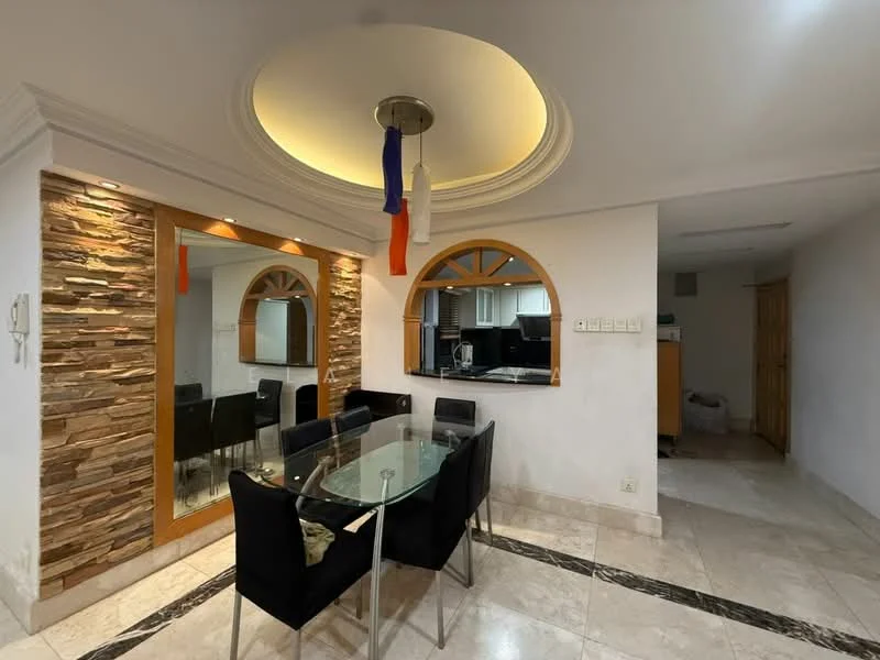 Dining features: glass dining table, black upholstered dining chairs, decorative stone feature wall, circular ceiling with recessed lighting, mirrored wall, marble flooring, arched window, kitchen visible in background; style: modern.