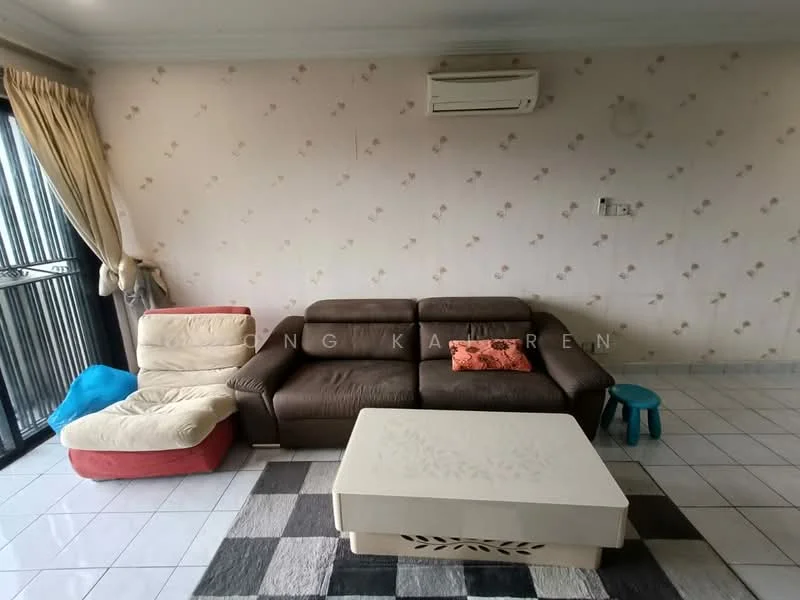 Living features: brown leather sofa, beige fabric armchair, light-colored coffee table, area rug with geometric pattern, white tiled flooring, wall-mounted split AC, curtains, decorative cushion, blue stool, wall with floral pattern; style: modern.