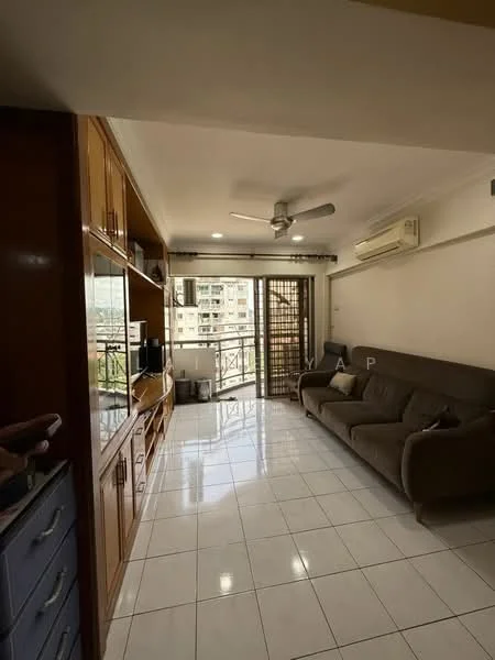 Living features: grey fabric sofa, wooden TV console, wall-mounted TV, ceiling fan with light, recessed downlights, white tiled flooring, sliding glass door, floor-to-ceiling windows, wooden shelving unit, air conditioning unit, decorative wall paneling, balcony view; style: modern; view: city.