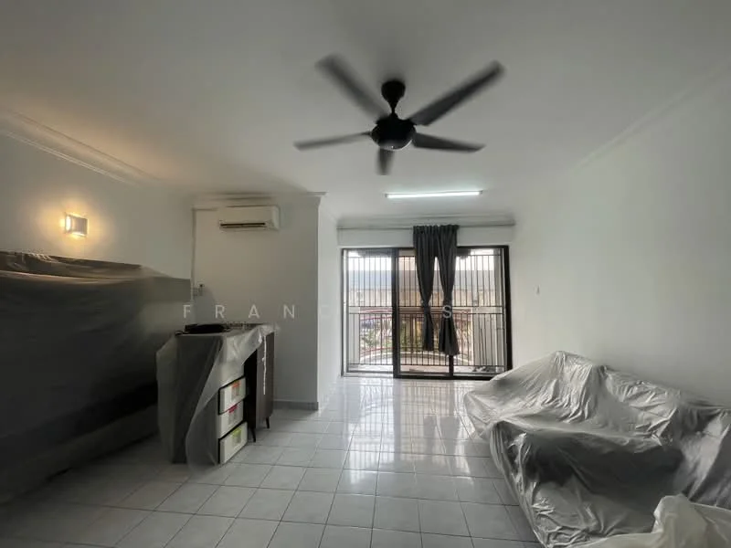 Living features: white painted walls, ceramic tile flooring, 5-blade ceiling fan, wall-mounted split AC, floor-to-ceiling windows, sliding glass door, curtains, sofa covered with protective sheet, kitchen counter with storage, decorative wall sconce; style: modern.