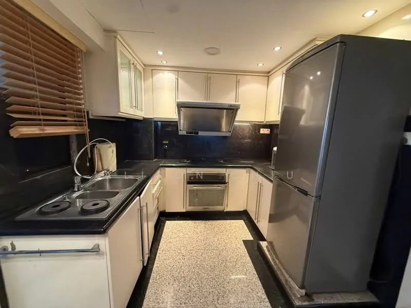 Kitchen features: black granite countertop, white shaker cabinets, stainless-steel sink, chrome pull-down faucet, built-in oven, freestanding range oven, stainless-steel range hood, black ceramic cooktop, stainless-steel fridge, recessed downlights, blinds on window, grey tile flooring, wall-mounted cabinets; style: modern.
