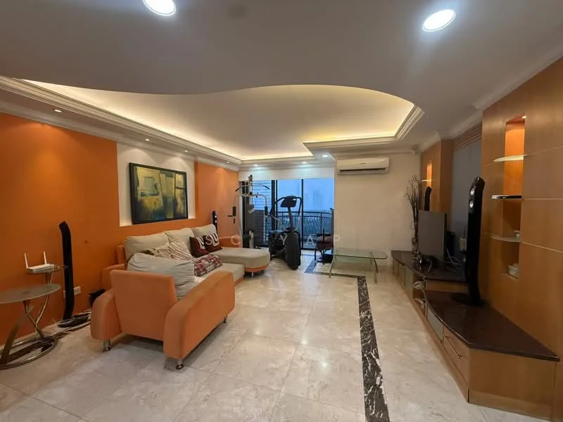 Living features: cream painted walls, orange accent wall, marble tile flooring, tray ceiling with recessed lighting, 5-blade ceiling fan, sofa in light grey fabric, glass coffee table, TV console with wall-mounted TV, decorative wall shelves, exercise equipment visible, floor-to-ceiling windows, curtains, area rug; style: modern; view: city.