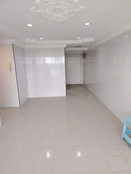 Room features: white painted walls, glossy ceramic tile flooring, recessed downlights, crown moulding, double-door entry, intercom system, large windows for natural light; style: modern.