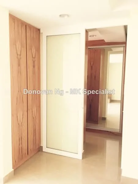 Room features: cream painted walls, light-colored flooring, sliding glass door, wooden paneling, mirrored wall, recessed lighting, corner space, built-in storage; style: modern.