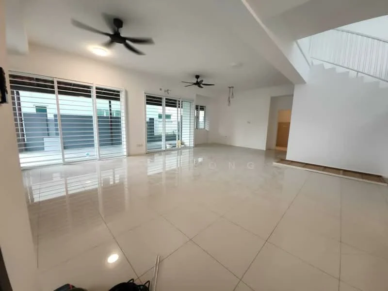 Living features: white painted walls, glossy ceramic tile flooring, 5-blade ceiling fan with light, floor-to-ceiling windows, sliding glass door, window treatments with horizontal slats, open layout, staircase visible in background; style: modern.