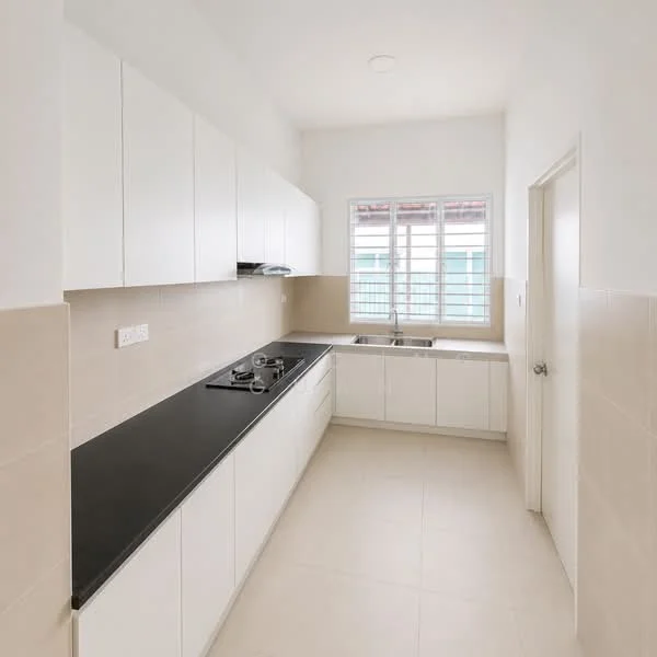 Kitchen features: white flat-panel cabinets, black countertop, stainless-steel gas hob, stainless-steel sink, chrome pull-down faucet, tile backsplash, cream tiled walls, light-colored tile flooring, window with white frame, natural light from window; style: modern.