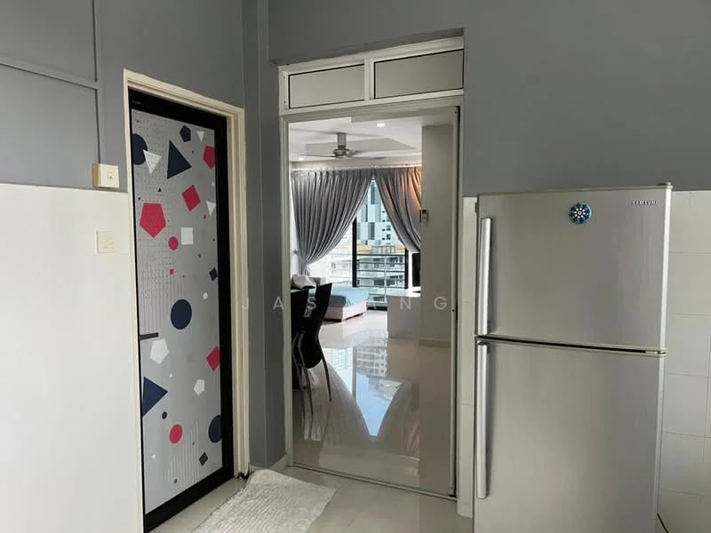 Room features: grey painted walls, white tiled flooring, stainless-steel fridge, sliding door, ceiling fan, curtains, door with geometric pattern, window with city view; style: modern; view: city.