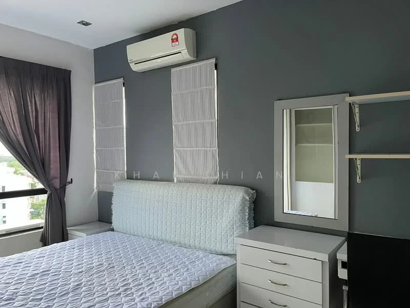 Bedroom features: queen-size bed with upholstered headboard, grey accent wall, white painted walls, floor-to-ceiling windows with sheer curtains, wall-mounted air conditioning unit, built-in wardrobe, white bedside table, full-length mirror, open shelving unit; style: modern; view: city.