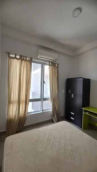 Bedroom features: single bed, cream bed linens, floor-to-ceiling window, sheer curtains, wall-mounted split AC, light-colored walls, laminate flooring, black wardrobe with drawers, green study desk; style: modern.