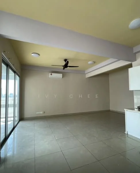 Living features: cream painted walls, light yellow ceiling, polished ceramic tile flooring, 5-blade ceiling fan, wall-mounted split AC, floor-to-ceiling sliding glass doors, natural light from windows, open layout, recessed downlights; style: modern; view: city.