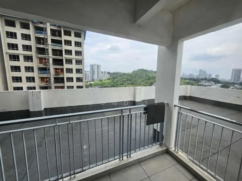 Room features: balcony with railing, tile flooring, concrete ceiling, view of city skyline, view of greenery, partially covered area; style: modern; view: city.