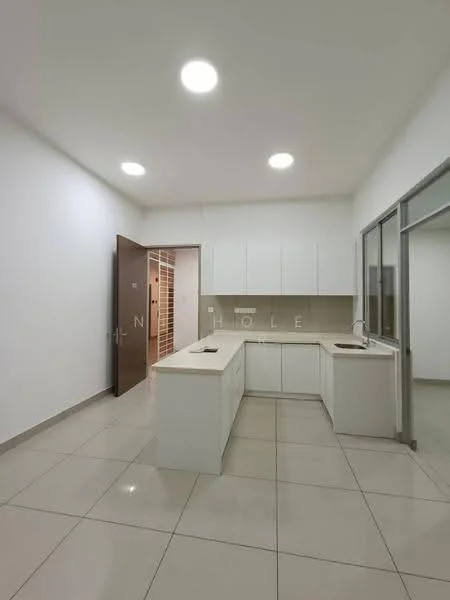 Kitchen features: white cabinetry, light-colored countertop, stainless-steel sink, chrome faucet, ceramic tile flooring, recessed downlights, open layout, neutral wall color, glass sliding door, built-in oven, microwave, kitchen island; style: modern.