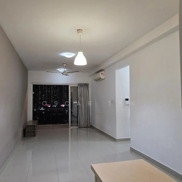 Living features: white painted walls, glossy tile flooring, 5-blade ceiling fan with light, pendant lamp, floor-to-ceiling windows, curtains, air conditioning unit, small side table; style: modern; view: city.