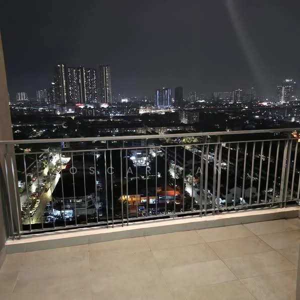 Balcony features: metal railing, tiled flooring, city skyline view, night lighting, outdoor space; style: modern; view: city.