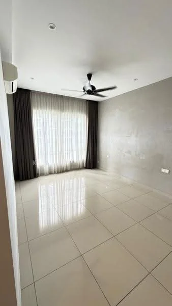Living features: white painted walls, grey accent wall, glossy ceramic tile flooring, 5-blade ceiling fan, floor-to-ceiling windows, sheer curtains, dark curtains, wall-mounted split AC; style: modern.