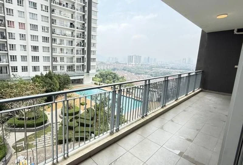 Balcony features: tile flooring, metal railing, city view, pool view, landscaped garden, outdoor space, access from living area; style: modern; view: city.