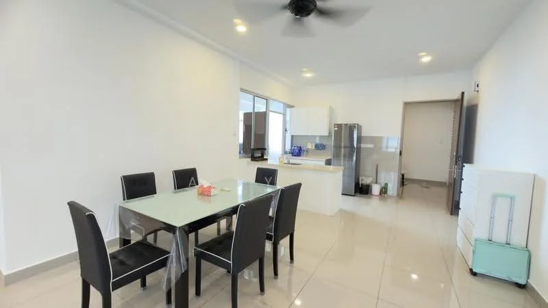 Dining features: glass dining table, black upholstered dining chairs, white painted walls, recessed downlights, tile flooring, open layout to kitchen, floor-to-ceiling windows, stainless-steel fridge, kitchen countertop, kitchen cabinets, ceiling fan; style: modern.