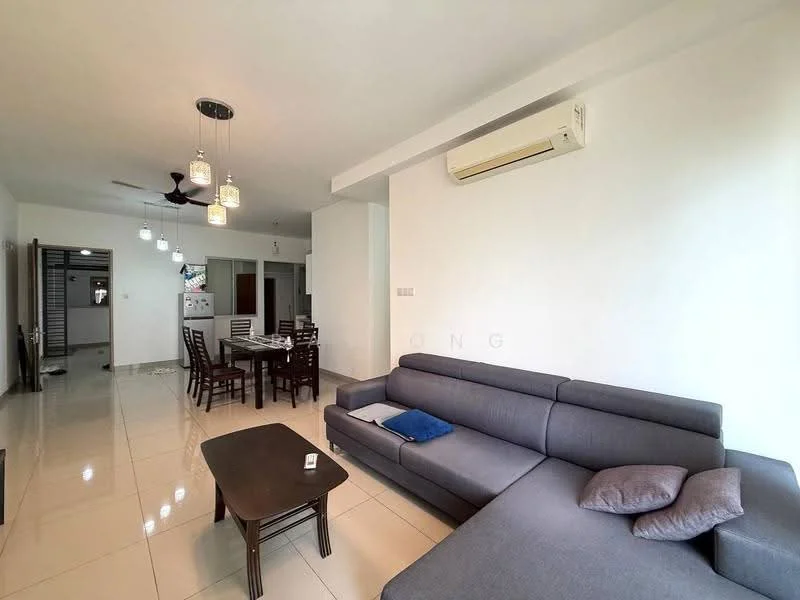 Living features: grey fabric sectional sofa, black coffee table, 5-blade ceiling fan with light, recessed downlights, white painted walls, glossy tile flooring, air conditioning unit, decorative pendant lights; style: modern. Dining features: 6-seater dining table, wooden dining chairs, white painted walls, glossy tile flooring; style: modern.