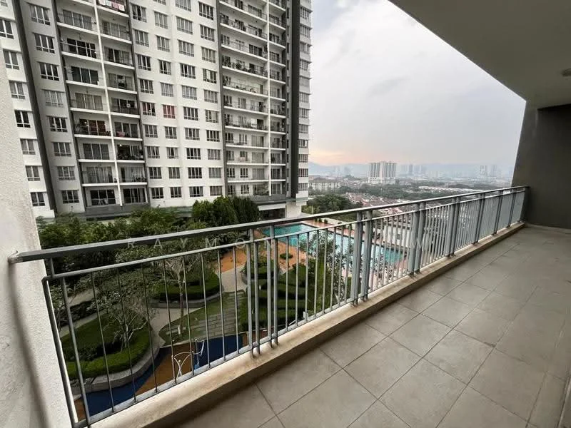 Room features: balcony with tiled flooring, metal railing, view of swimming pool, view of landscaped garden, view of city skyline, partially cloudy sky; style: modern; view: pool.