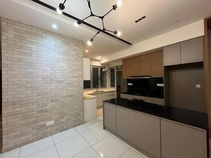 Kitchen features: white cabinetry, brown wood cabinetry, black countertop, stainless-steel sink, chrome pull-down faucet, built-in oven, stove with hood, tile backsplash, grey accent wall, recessed downlights, track lighting, white tiled flooring, large window, open layout; style: modern.
