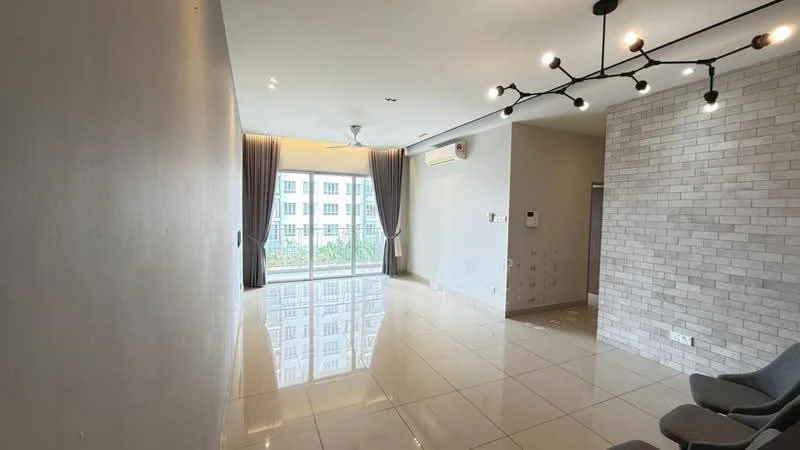 Living features: grey painted walls, white tiled flooring, recessed downlights, 5-blade ceiling fan, large floor-to-ceiling windows, curtains, exposed brick accent wall, open layout; style: modern; view: garden.