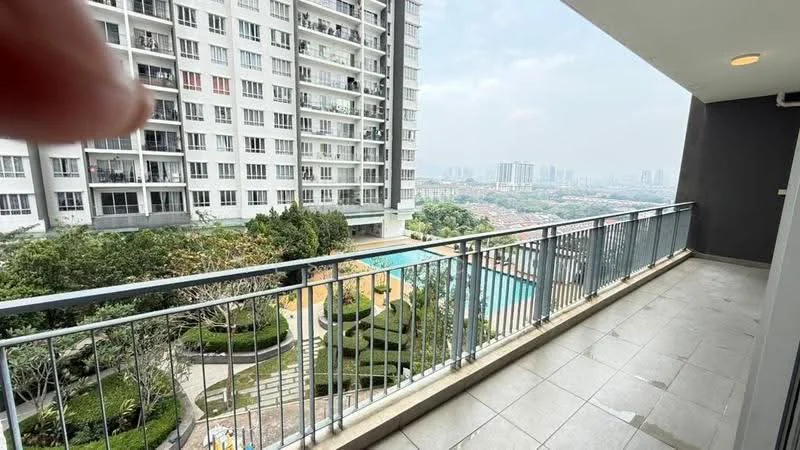 Room features: balcony with railing, tile flooring, view of swimming pool, view of landscaped garden, city skyline in background, outdoor space, access from living area, partially covered area; style: modern; view: pool.