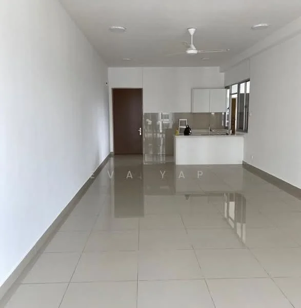 Living features: white painted walls, glossy ceramic tile flooring, ceiling fan, recessed downlights, open kitchen layout, large windows, neutral color scheme, no visible furniture; style: modern. Kitchen features: kitchen countertop, stainless-steel sink, kitchen cabinetry, built-in appliances, open layout to living area; style: modern.
